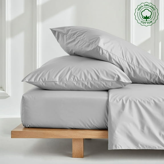 Twin 3-PC (1 Fitted 2 Pillowcases) Pure Organic Bed Sheet Set 800-Thread Count, 30" Deep Pockets - Light Grey