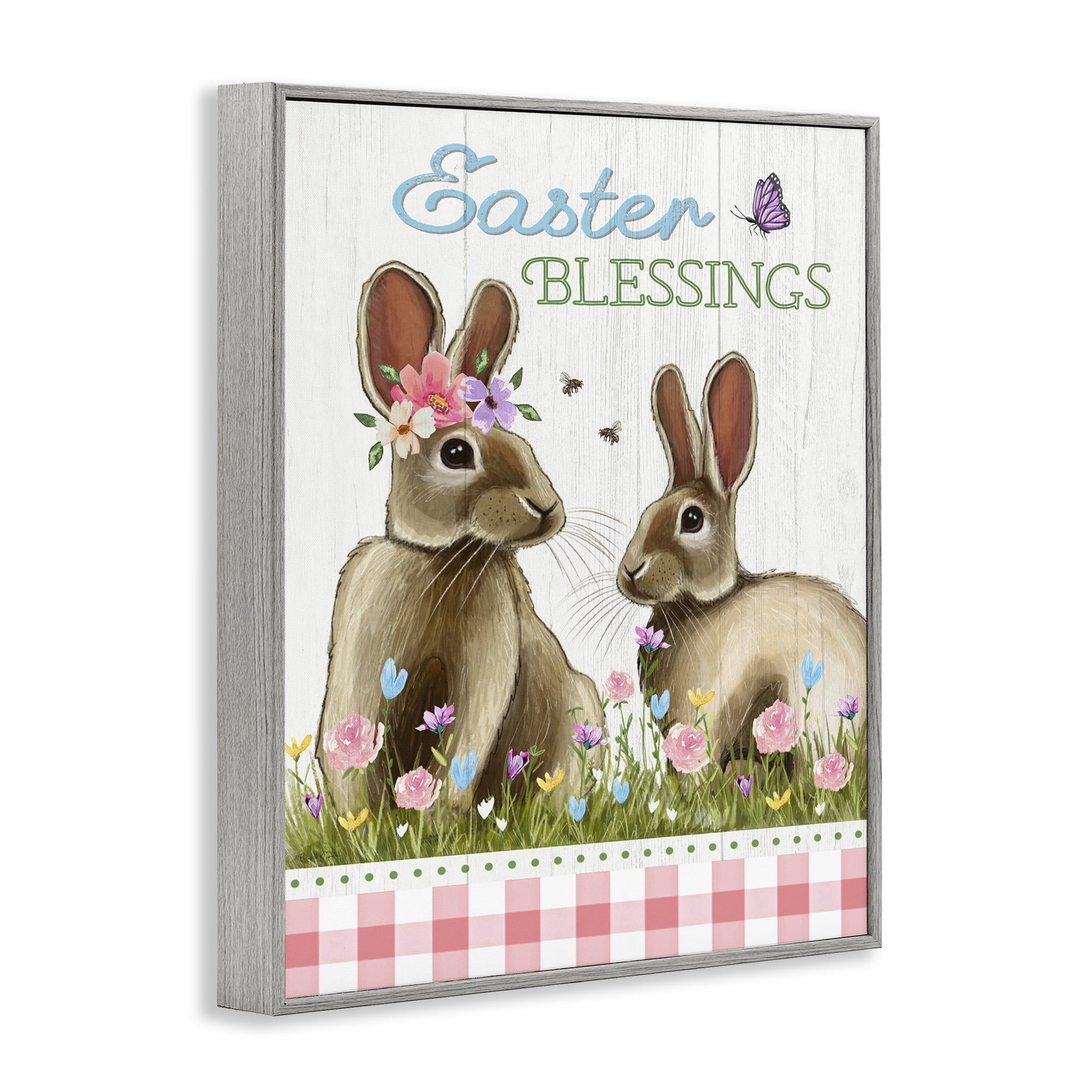Easter Blessings Gingham Spring Bunnies Gray Framed Giclee Art, 11 x 14, By Elizabeth Tyndall