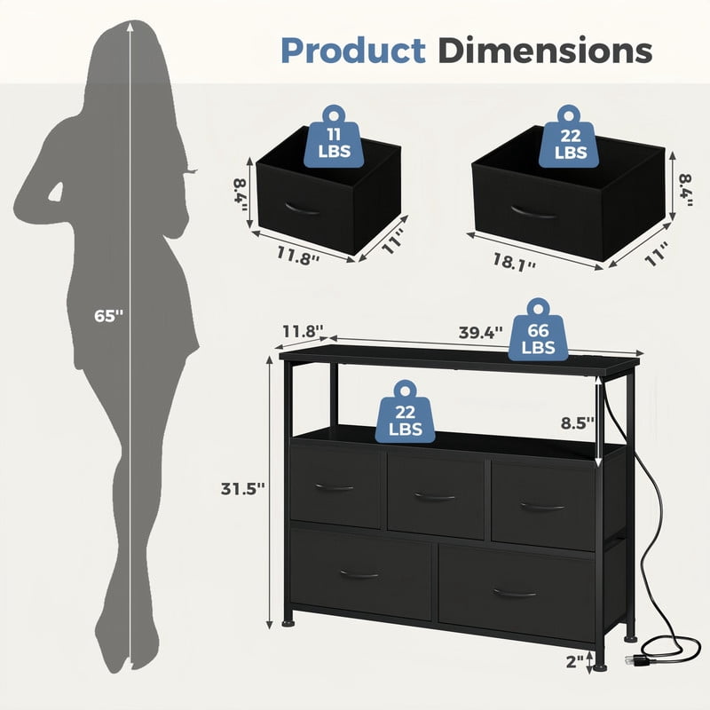 Kelno TV Stand Dresser 5 Fabric Drawers Storage Cabinet with Open Shelf Built in AC USB Type C Charging Station, Black