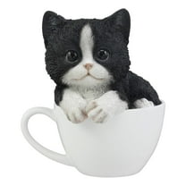 Ebros Lifelike Tuxedo Black and White Cat Teacup Pet Pal Statue 5.5" Tall with Glass Eyes
