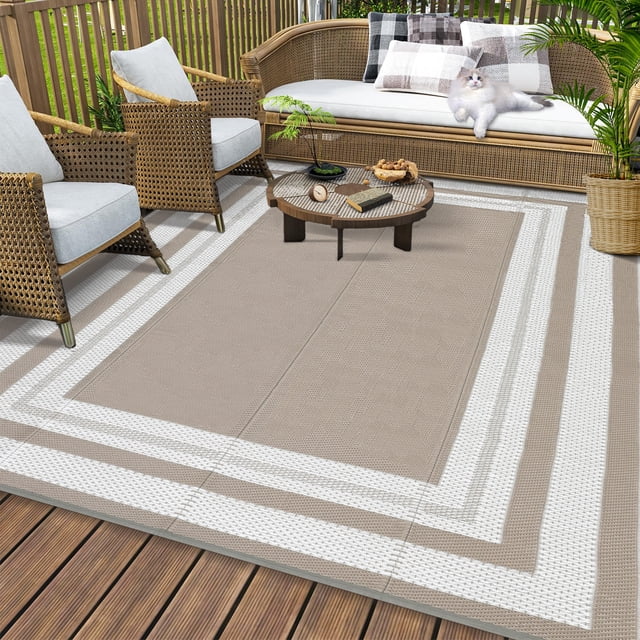 HOMERRY 8' x 10' Brown Gray Geometric Outdoor Rug Straw Plastic Area Rug for Balcony Pool RV Waterproof Reversible Carpet