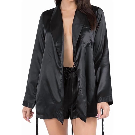 Satin Pajama Set Belted Robe Drawstring Shorts Long-Sleeve Loungewear Sleepwear