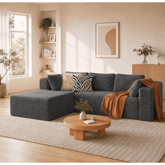 Sectional Sofa, Asofer 105" L-Shape Modular Couch with Corduroy Fabric for Living Room, Free Assembly, Dark Gray