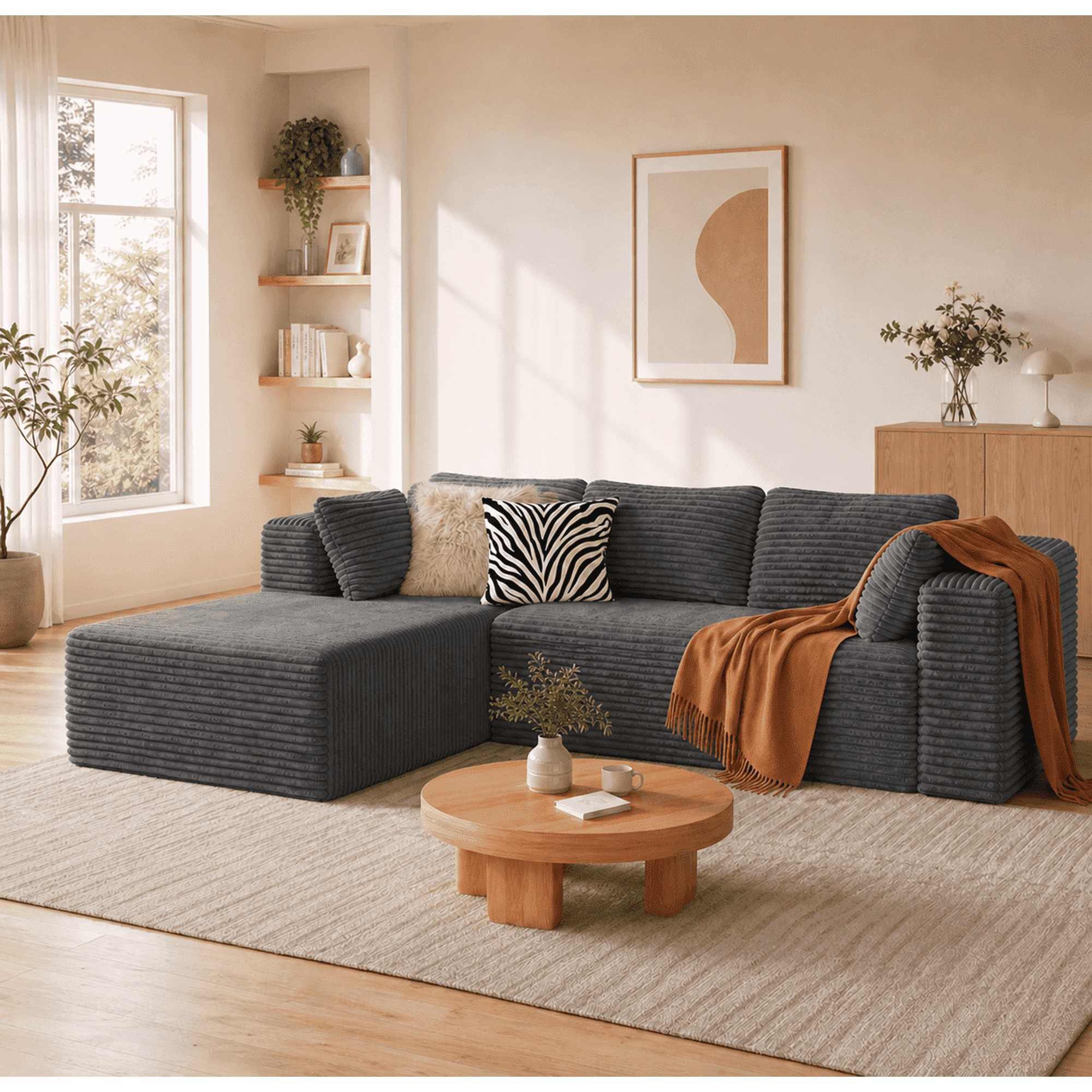 Sectional Sofa, Asofer 105" L-Shape Modular Couch with Corduroy Fabric for Living Room, Free Assembly, Dark Gray