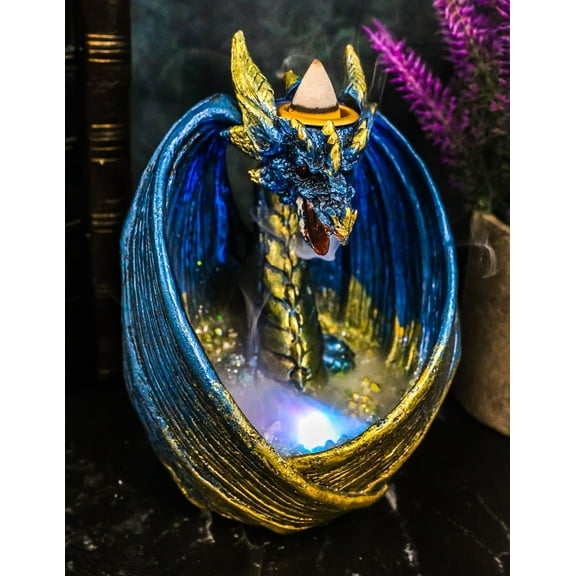 Blue Wise Dragon Guarding LED Light Crystals Smoky Backflow Cone Incense Burner