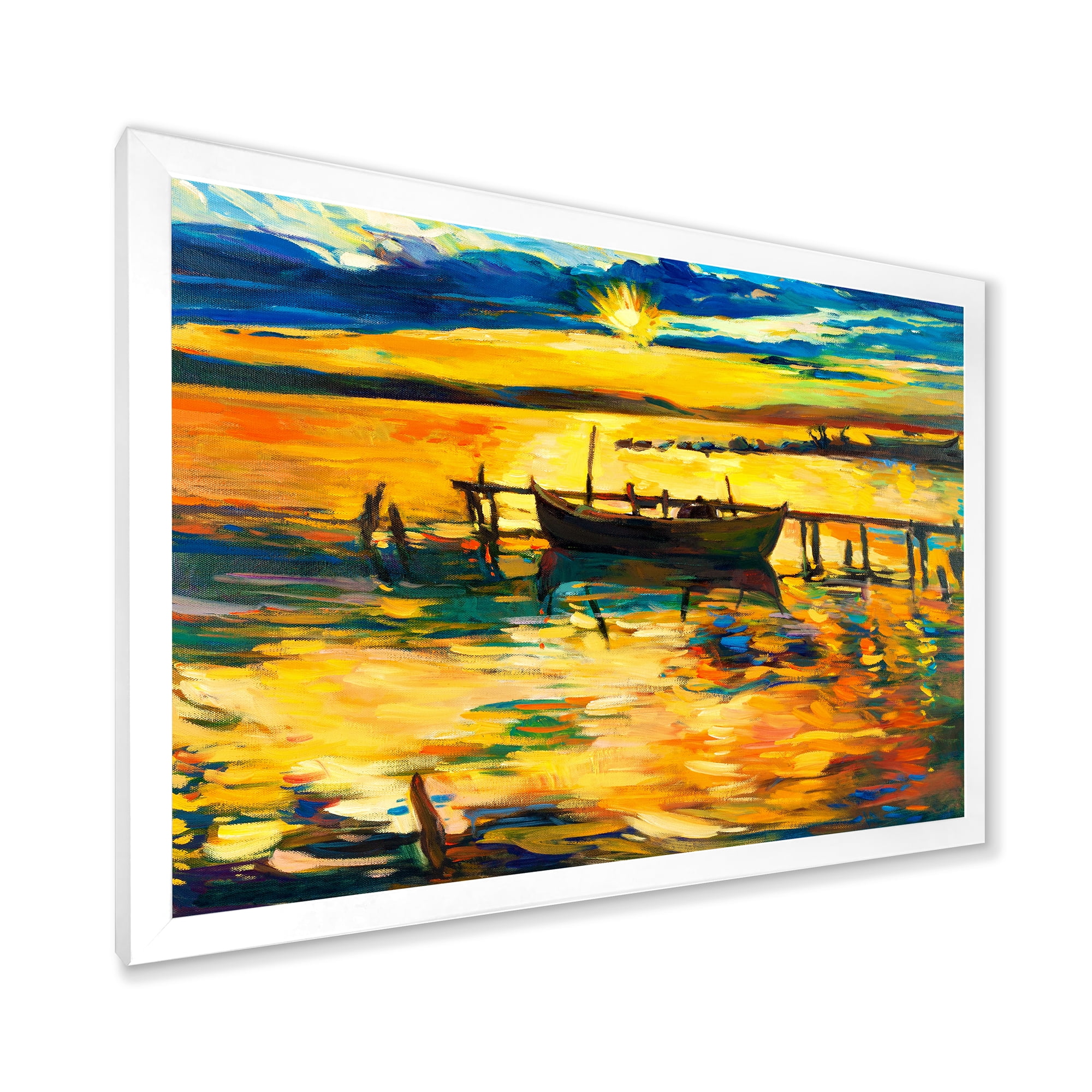 Boat At The Lake During Evening Glow VI 32 in x 16 in Framed Painting Canvas Art Print, by Designart