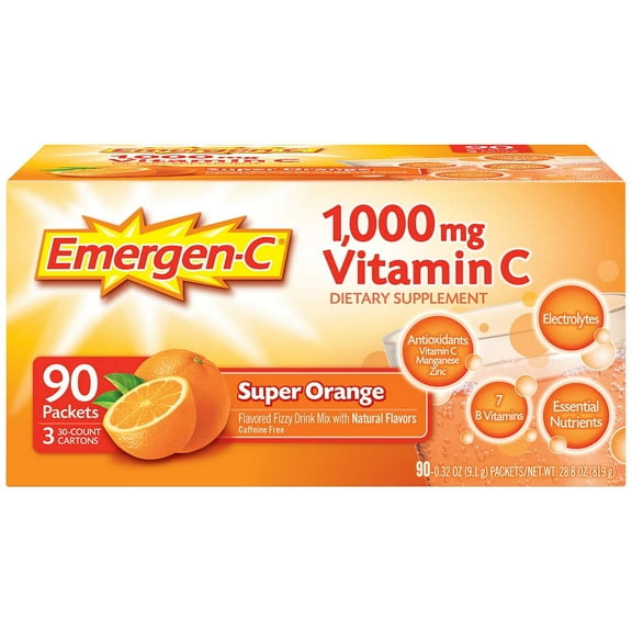 Emergen-C 1000Mg Vitamin C Powder for Immune Support Super Orange, 30 Count, 0.32 Oz Packets - 3 Pack