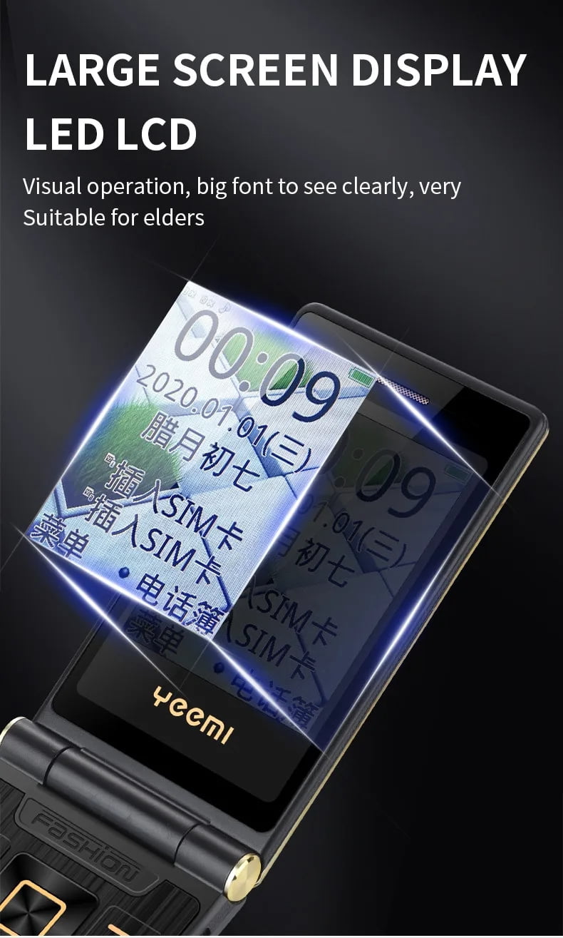 YEEMI M2-C Flip Mobile Phone for Elderly GSM 2G Network Dual SIM 2.8inches 1800mAh Dual Screen Big Letters Cellphone