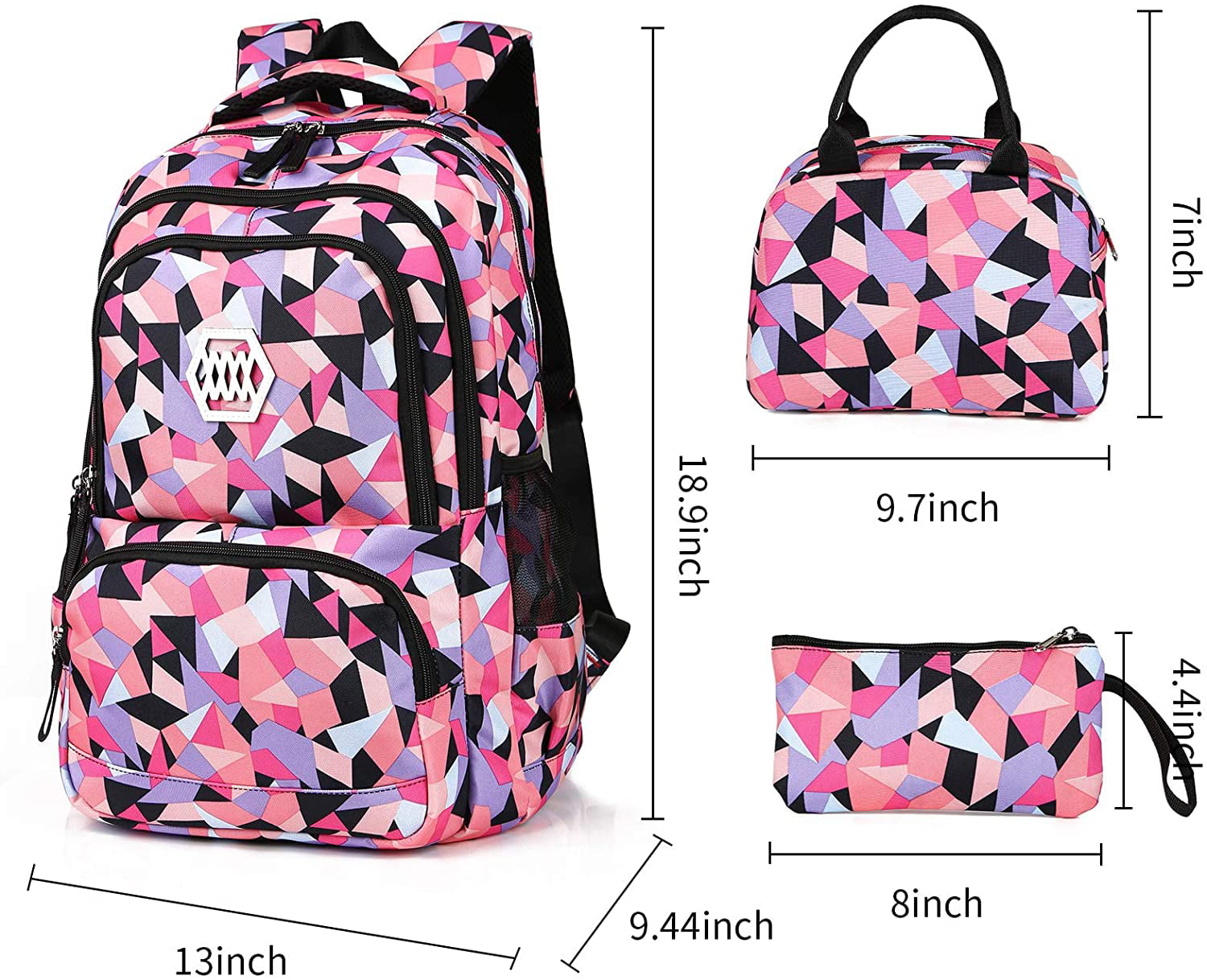  JiaYou Girl Geometric Printed Primary Junior High University  School Bag Bookbag 3pcs Backpack Sets(2# Pink-3pcs,35 L)