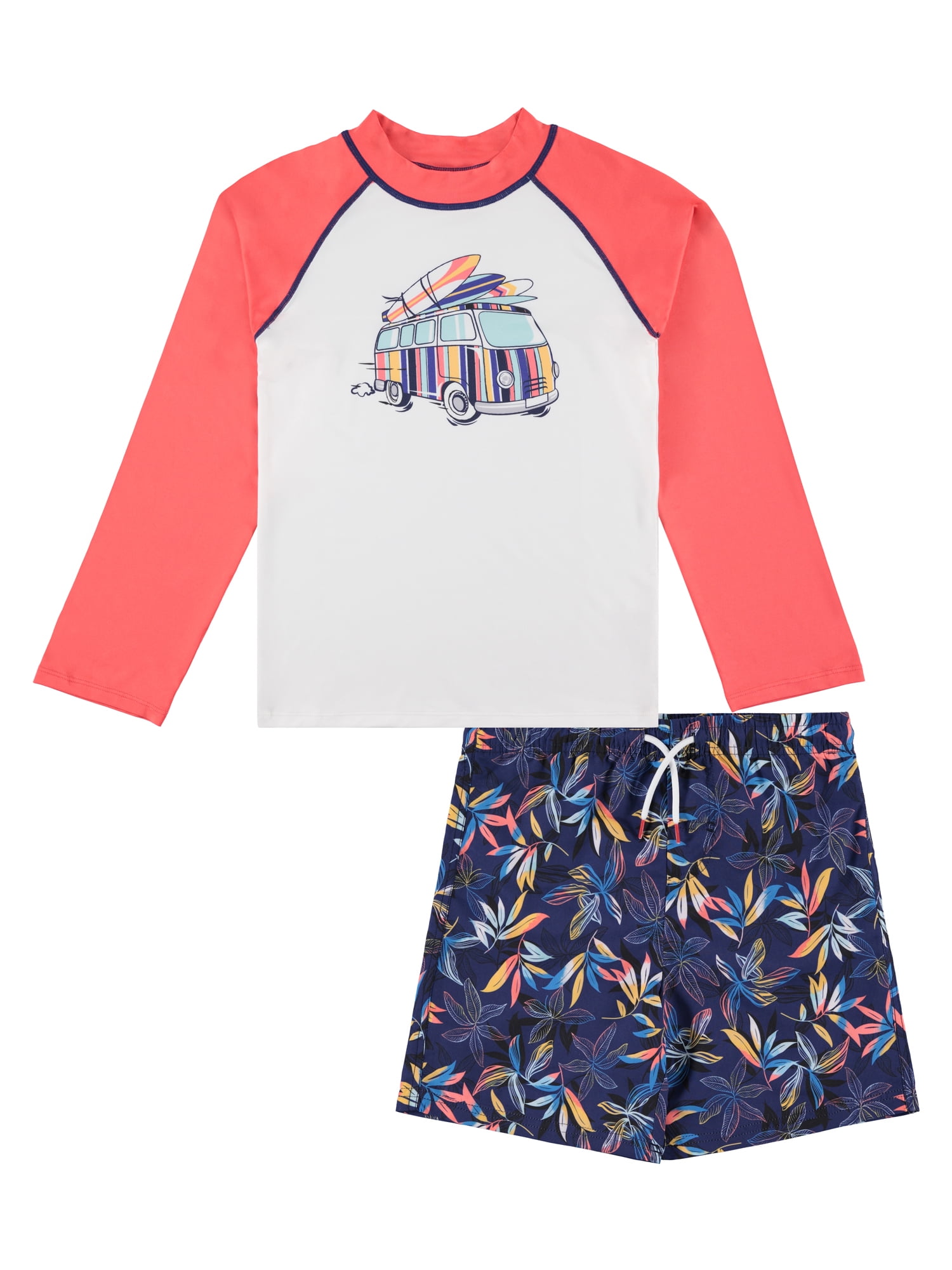 BCool Boys Long Sleeve Rash Guard Swim Top and Swim Trunks 2Piece Set