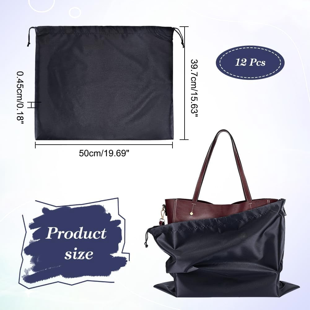 12 Pcs Dust Bags for Handbags Imitation Silk Storage Bags Portable Drawstring Pouch Cloth Travel Bags for Handbags Purses Shoes Boots Black 15.6×19.7 Inch(39.7x50cm)