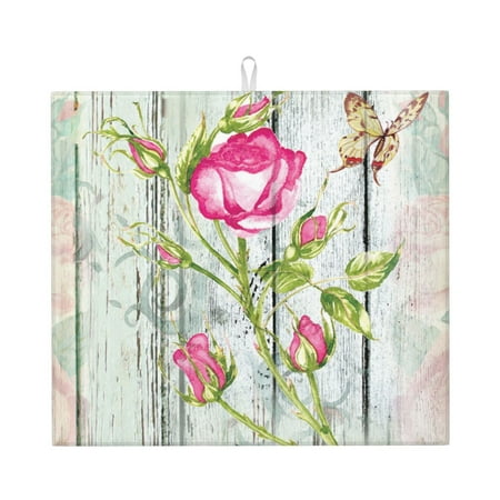 

Vsdgher Vintage Wood Background with Floral Print Dish Drying Mat Kitchen Counter Mat Dish Drying Pad for Dishes Utensils Pots and Pans 16 x 18