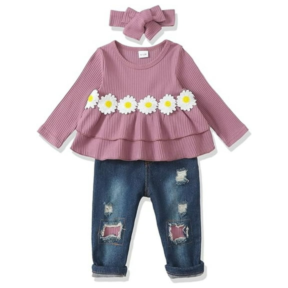 Toddler Winter Outfits for Girls Long Sleeve Ruffle Daisy Tops Denim Jeans Pant Set Fall 18-24 Months Girl Clothing Purple