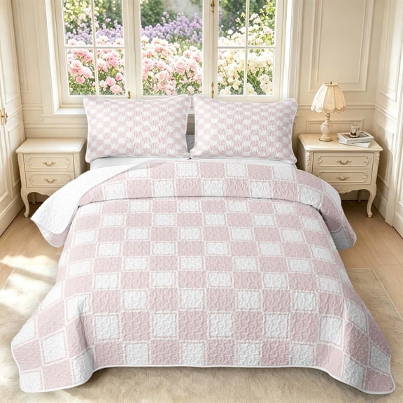 Manfei Modern Checkered Twin Quilt Set,Geometric Plaid Twin Coverlet Set,Pink White,2pcs,1 Bedspread and 1 Pillowcase