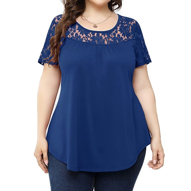 Puntoco Moda Mujer Causal Cuello Redondo Blusa Sólida Encaje Manga Corta Camiseta Verano Tallas Grandes tops Puntoco Puntoco-2545