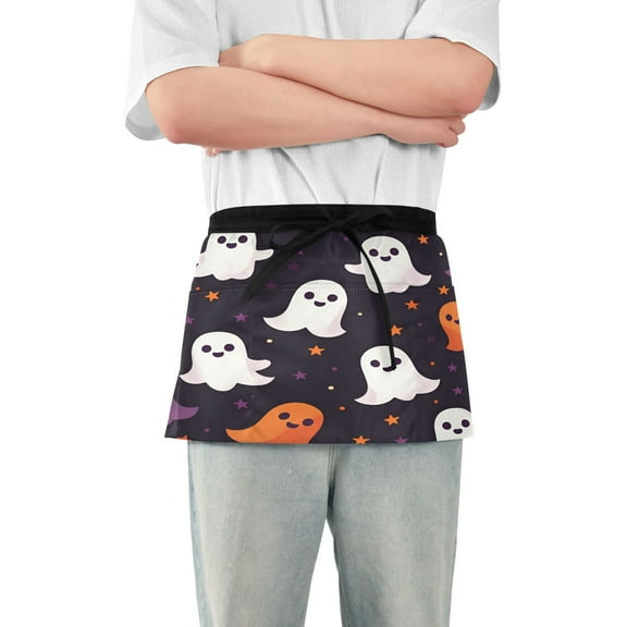 Yayeee Waist Apron with Pockets for Cooking Waterproof Half Server Aprons, White Halloween Ghosts