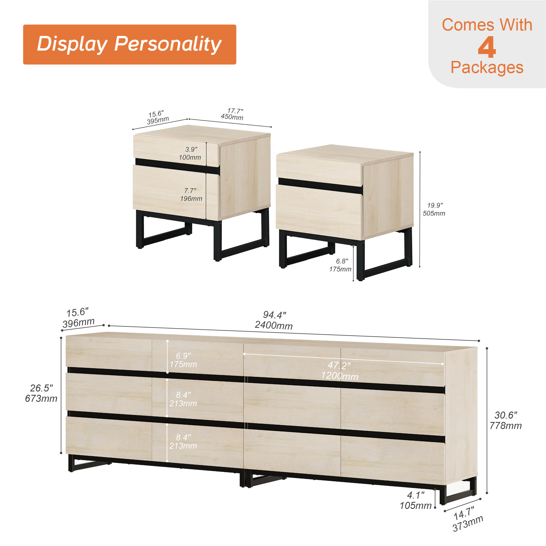 WAMPAT 4-Piece Bedroom Set,Modern 94.5" 12-Drawer Dresser & 2 Nightstands (2 Drawers Each)