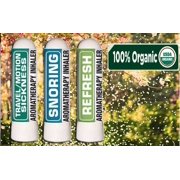 Nasal Inhaler Aromatherapy Gift Set of 3 - Snoring, Travel/Motion Sickness and Refresh - Made with 100% Pure Therapeutic Grade Organic Essential Oils 0.7 mL each by Sponix Made in USA / Fast Shipping