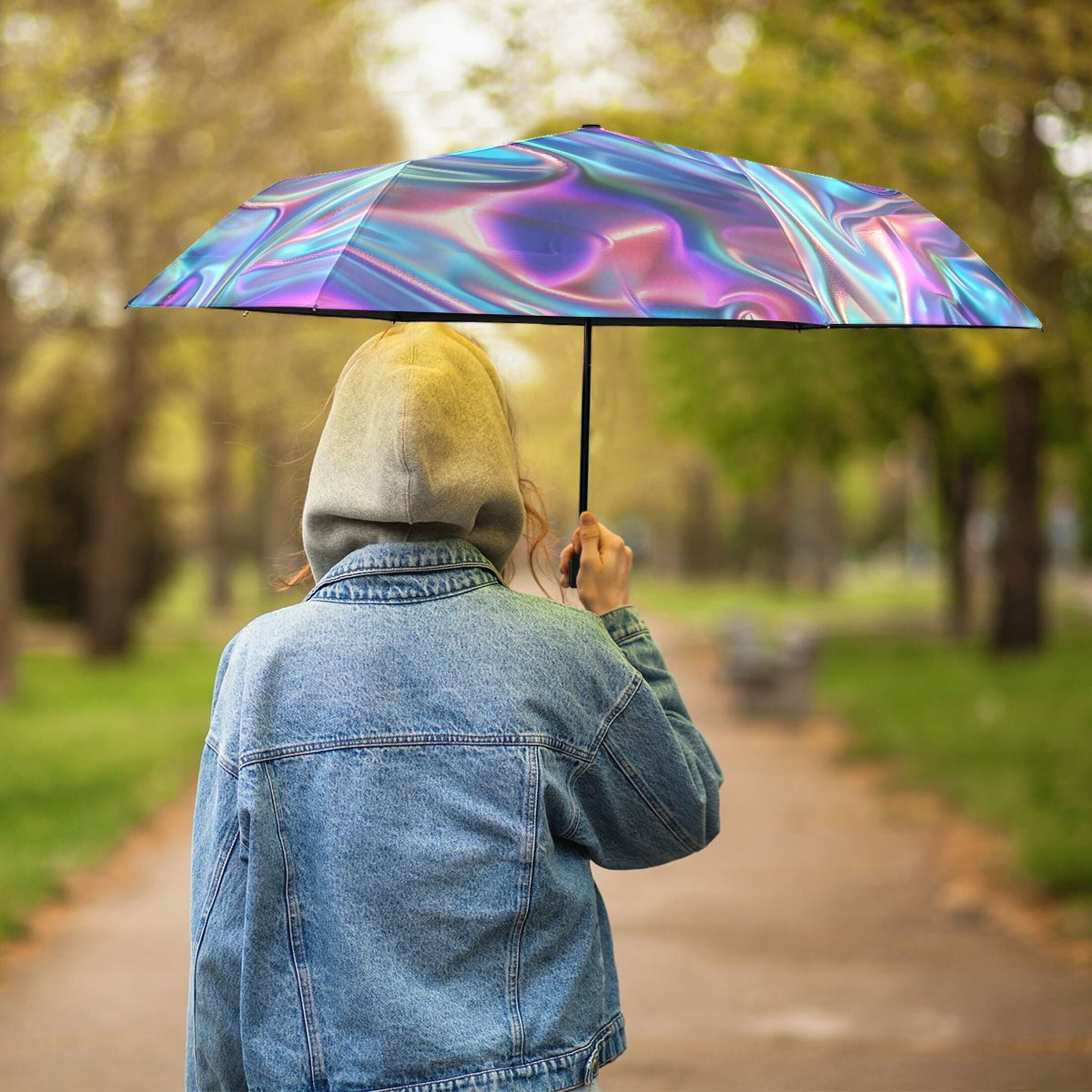 Iridescent Liquid Marble Compact Sun Umbrella Windproof Travel Umbrellas for Rain Strong Portable UV Protection