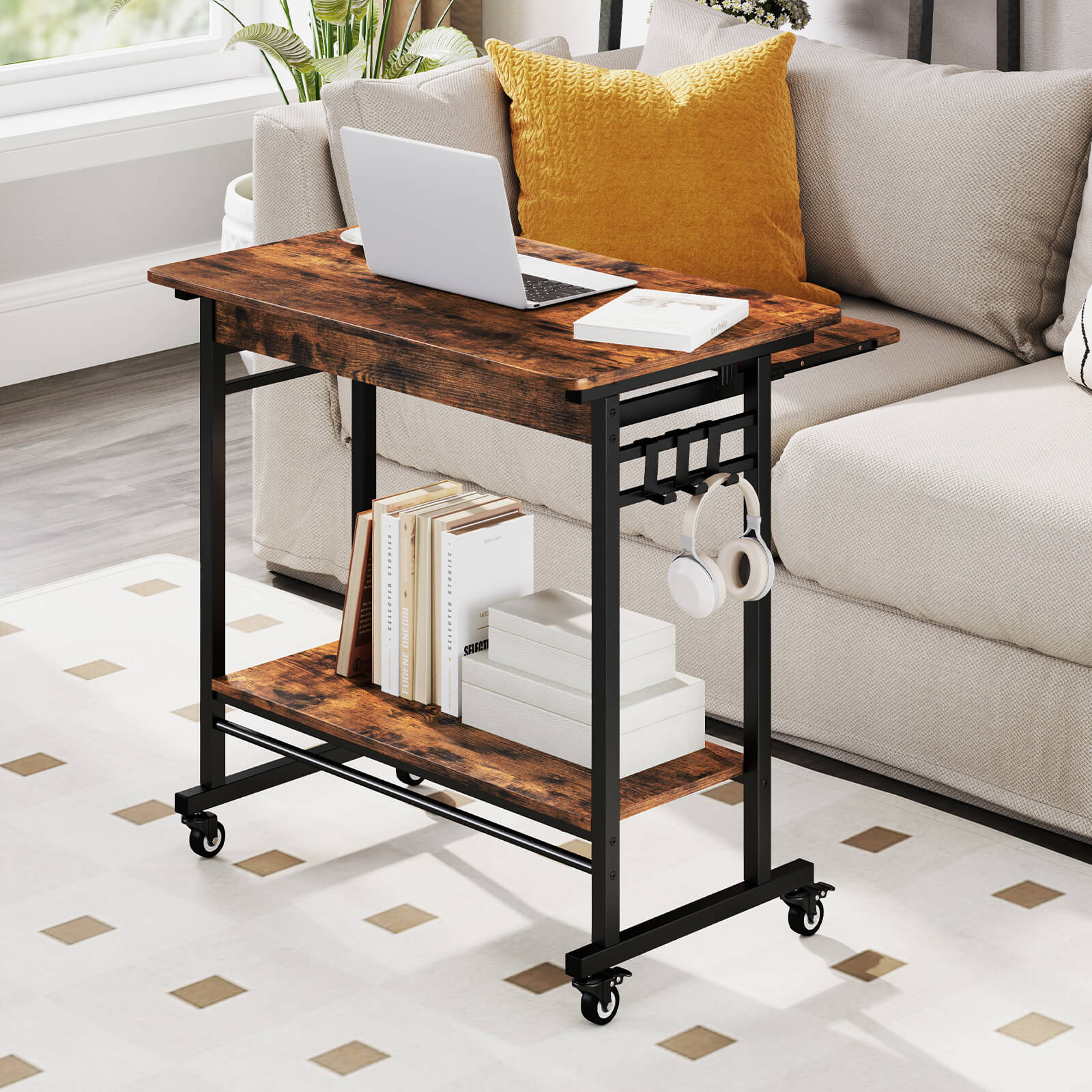 Costway Mobile Laptop Desk with Keyboard Tray, Lower Shelf, 3 Hooks, 4 Universal Wheels Rustic Brown