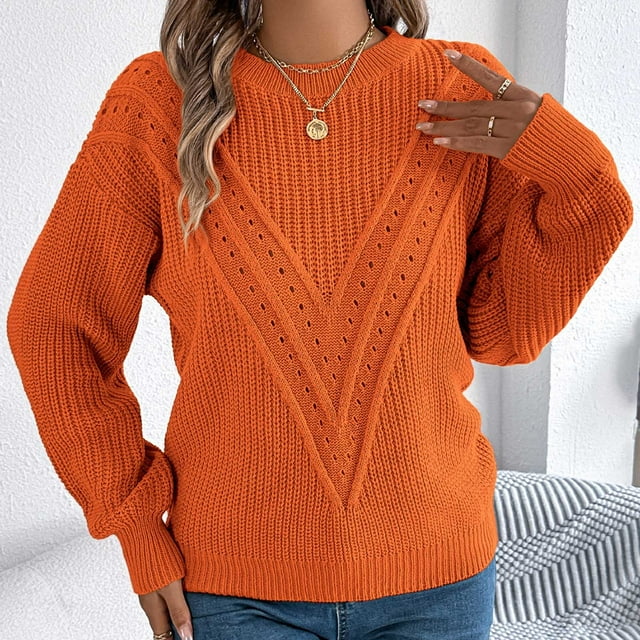 Suéter de cuello redondo para mujer, moda de invierno, informal, cuello redondo, elegante, color sólido, con volantes, manga larga, suéter, blusa de poliéster para mujer