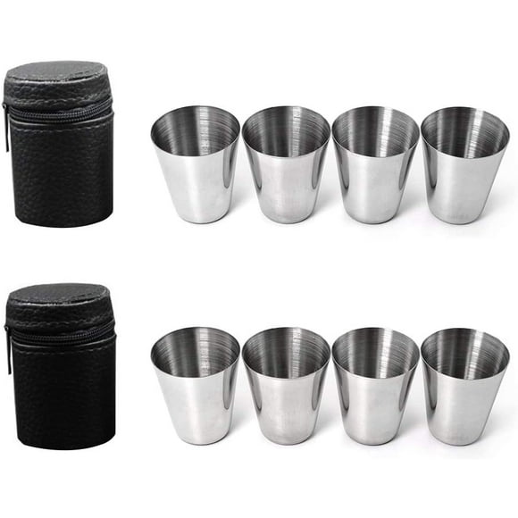 Stainless Steel Cups, Set of 8 Schnapps Glasses Metal Hip Flask Cups with Leather Bag Shot Glasses