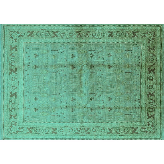 Ahgly Company Machine Washable Indoor Rectangle Oriental Turquoise Blue Industrial Area Rugs, 7' x 10'