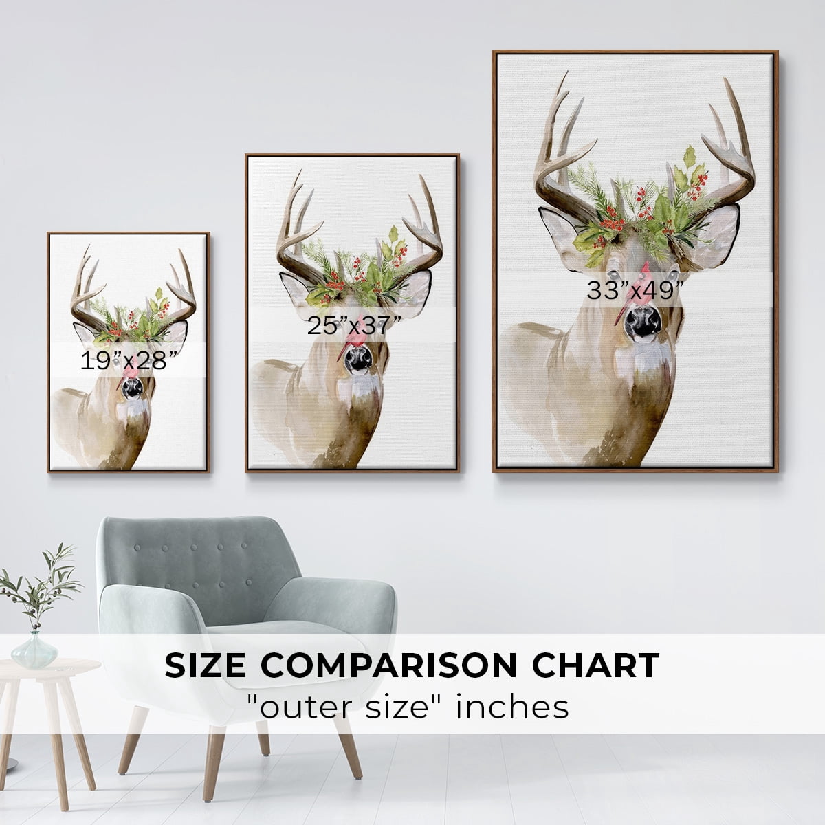 Holiday Deer II - Framed Gallery Wrapped Holiday Canvas - 25 x 37 - Rosewood Frame