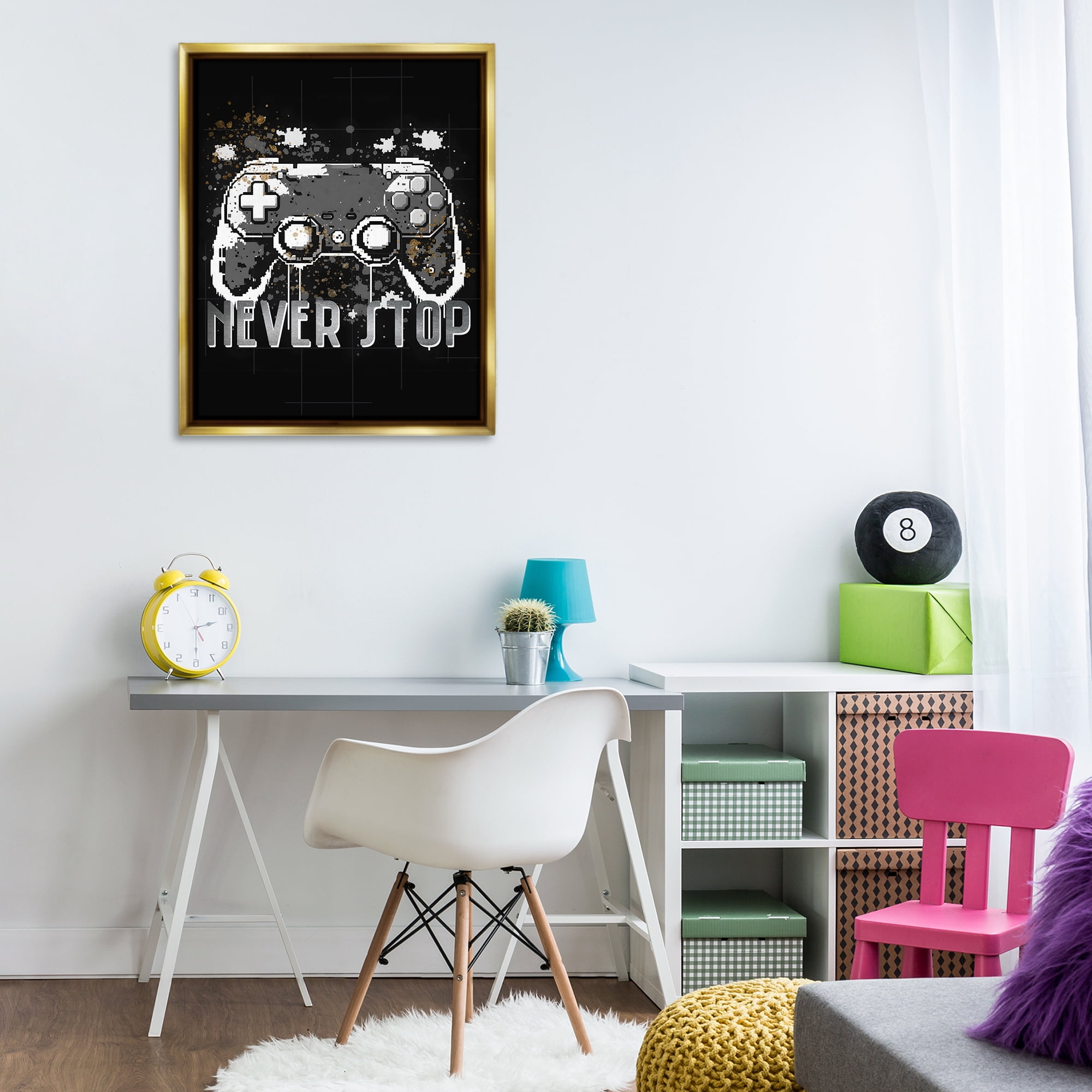 Stupell Industries Never Stop Game Controller Entertainment Painting Gold Floater Framed Canvas Art Print Wall Art, 25 x 31