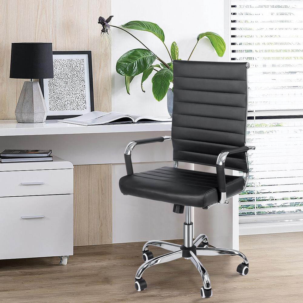 Okeysen Mid-Back Ribbed Home Office Desk Chair Ergonomic Faux Leather Conference Room Swivel Chairs Adult, Black