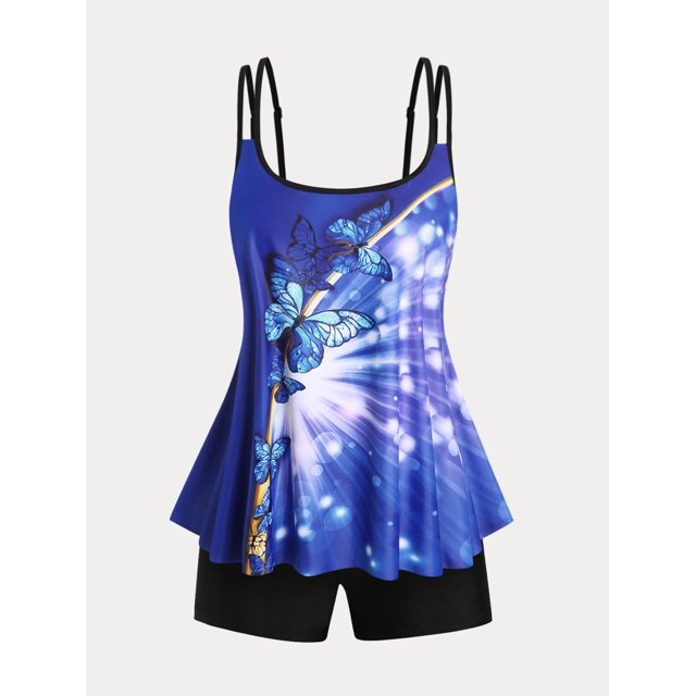 Traje de Baño Talla Extra Acolchado Tankini con Estampado de Mariposa Rosegal Leggings de talla grande