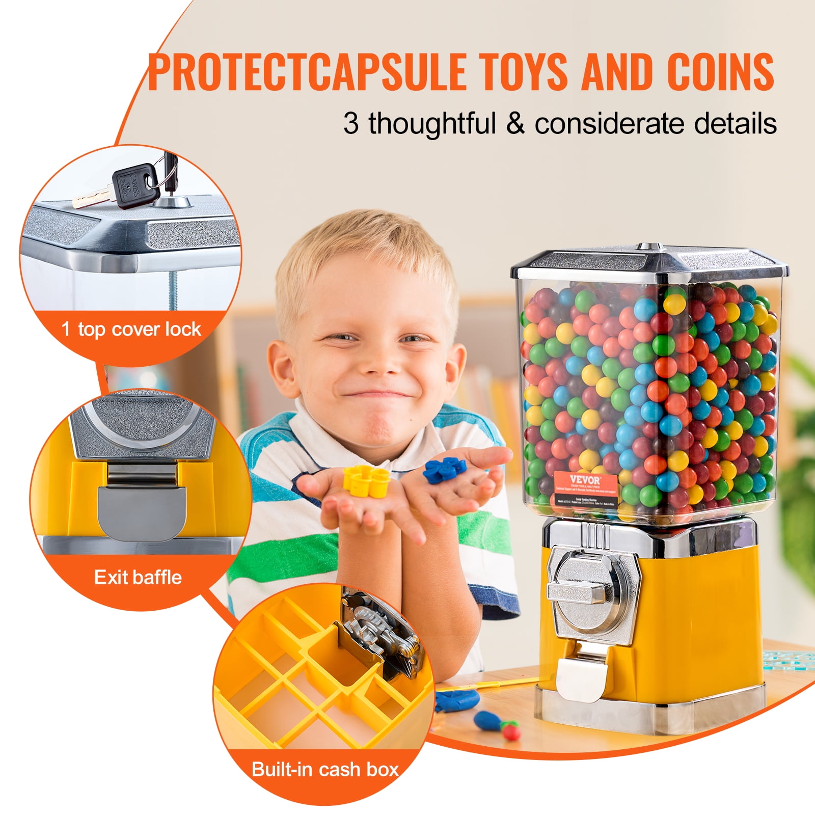 VEVOR Gumball Machine for Kids, 17"H Home Candy Vending Machine, PC Gumball Dispenser, Bubble Gum Machine for Game Stores, Coin Operated Gumball Bank