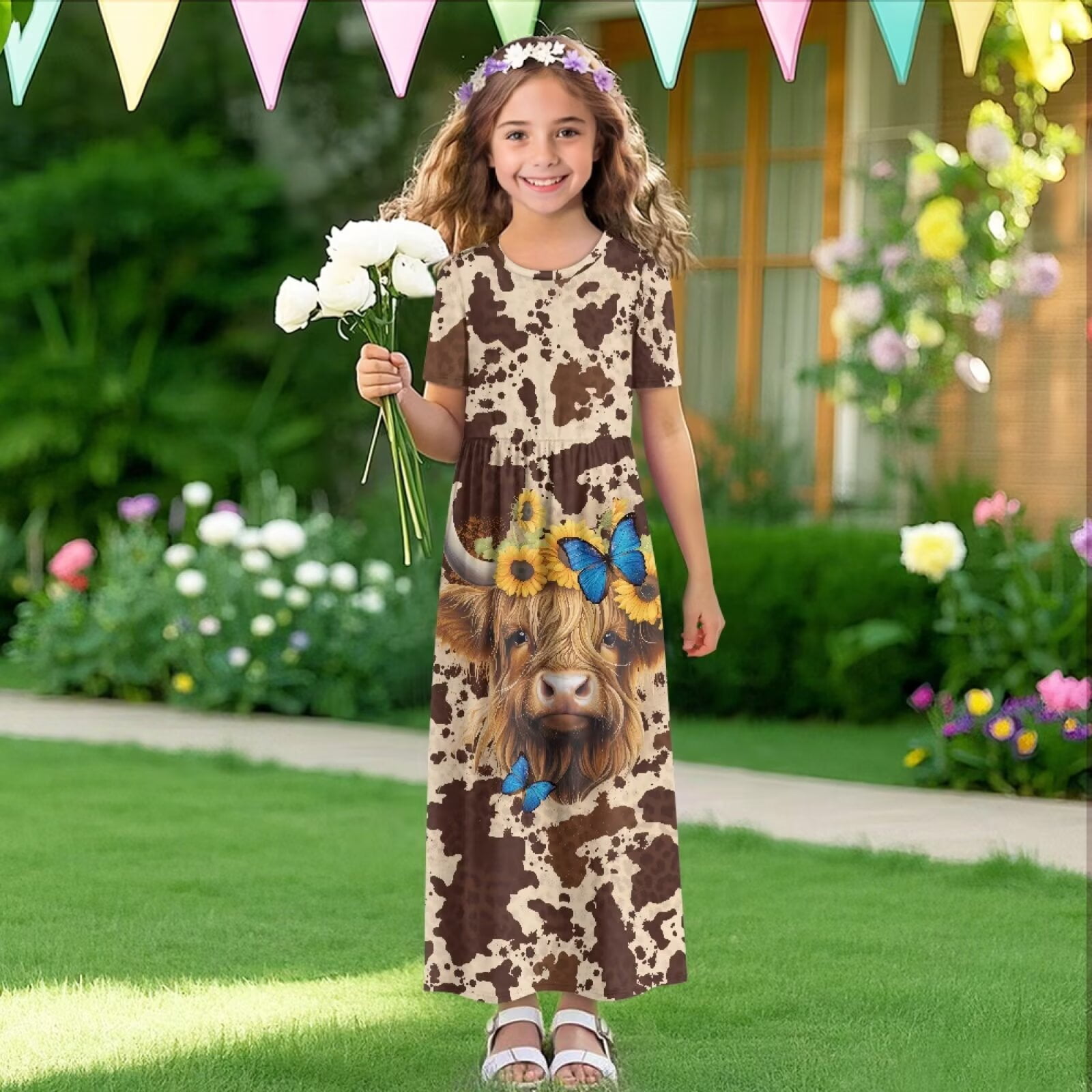 Uourmeti Brown Highland Cow Print Girls Summer Short Sleeve Dress Crew Neck Loose Casual Flowy Tiered Maxi Dress with Pockets Cute Clothes, Size 13-14 Years