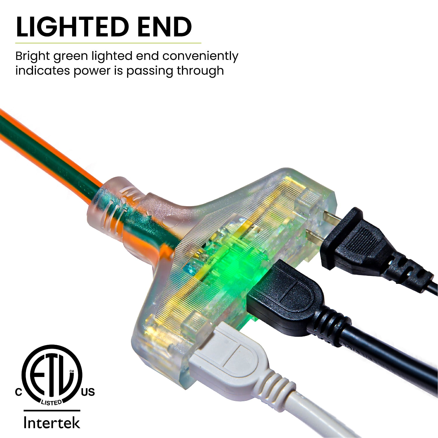 GoGreen Power (GG-15125) 14/3 25’ 3-Outlet SJTW Outdoor Extension Cord, Lighted Extension Cord, 25 ft