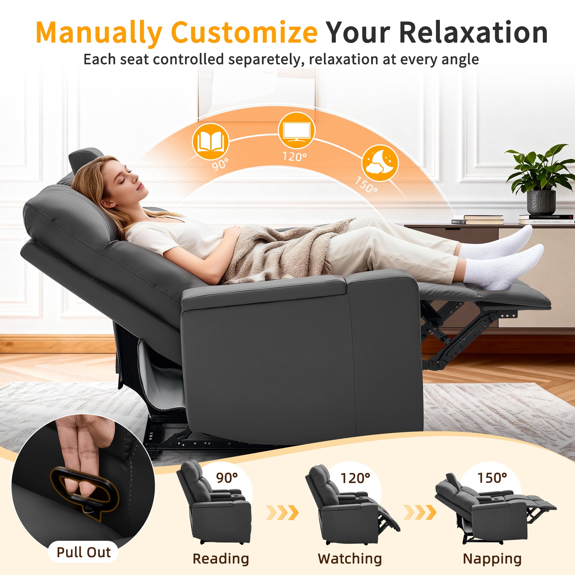 Korser Reclining Loveseat with Cup Holders,2-Seater Recliner Sofa with USB Ports & Type C Double Manual Recliner Chair for Living Room,Faux Leather,Grey