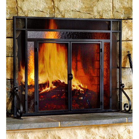 2 Door Steel Fireplace Fire Screen With Tempered Glass Accents