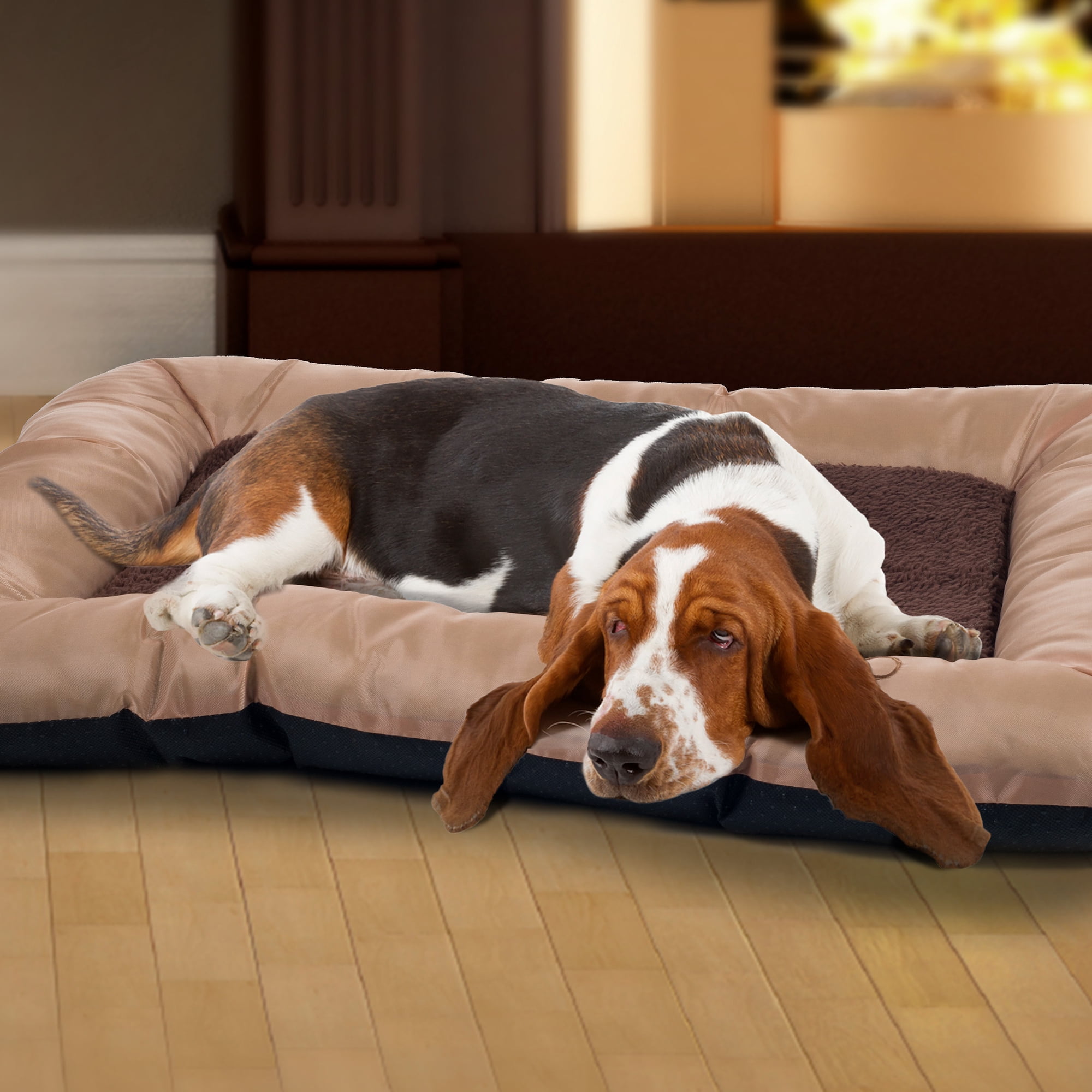 PETMAKER 43x29-Inch Sherpa Dog Bed with Water-Resistant Neck Bolster (Tan)