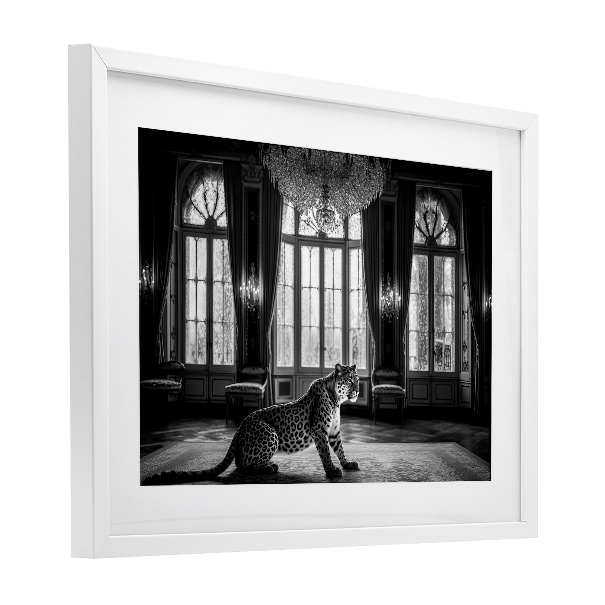 Snow Leopard in Opulent Mansion White Framed Print Under Glass, design by Decent Exposures