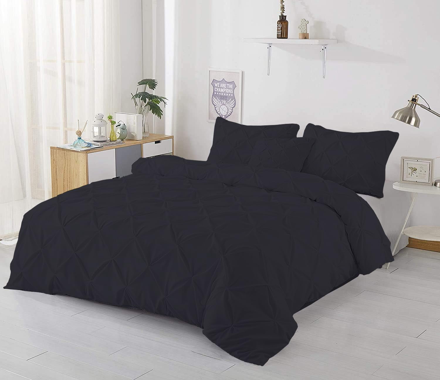 1 Piece Pinch Pleated Duvet Cover 100% Cotton 1000 TC with Zipper Closure & Corner Ties Pintuck Bedding Duvet Cover - Oversized Super King Size (120" x 98") Inch, Black Solid