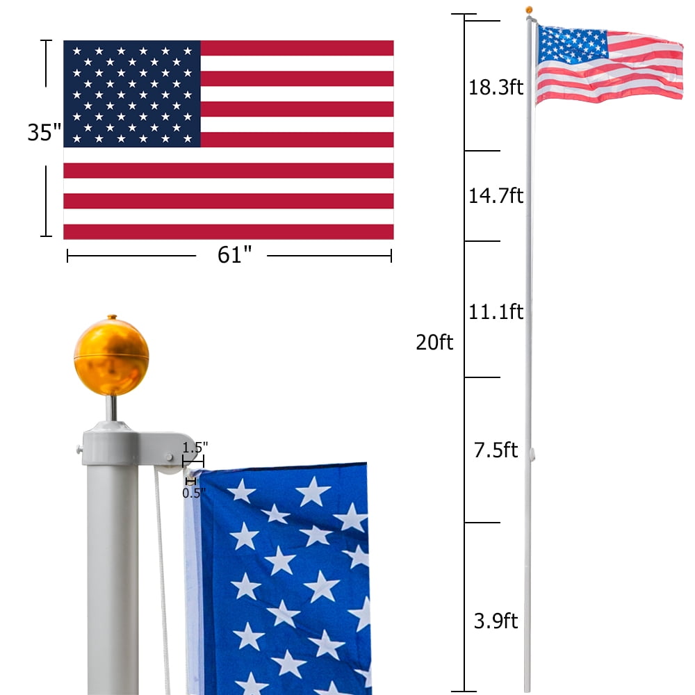 VINGLI Upgraded 20FT Sectional Aluminum Flagpole, Thick Tube Halyard Flag Pole with 3'x5' Polyester USA American Flag