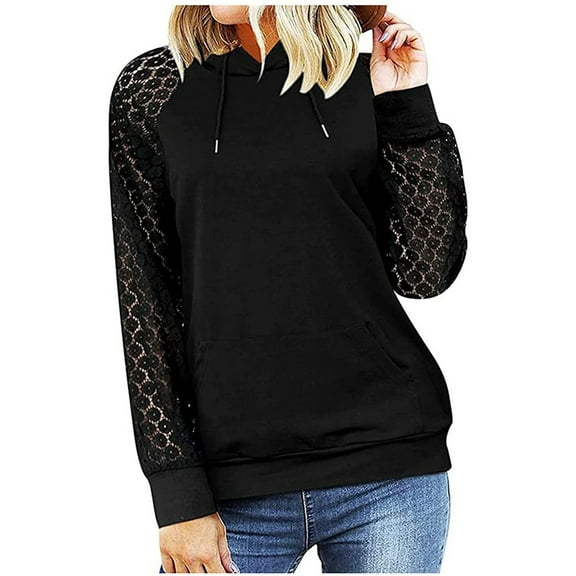 gakvov Long Sleeve Shirts For Women Plus Size Hoodie Splicing Pockets Hooded Sweatshirts Coat Tops Business Casual Loose Lace Blouse Shirts Fall Lace Pull Over Sweatershirt