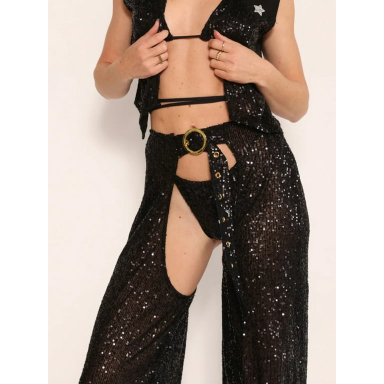 Tasdouyy Women's Sexy Open Crotch Metallic Sparkly Wide Leg Tasdouyy Women's Sexy Open Crotch Metallic Sparkly Wide Leg