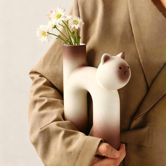 Cat Ceramic Vase – Nordic U-Shape Cute Cat Shaped Bud Vase for Minimalist Home Desk Shelf and Room Decor, Artistic Plant Holder