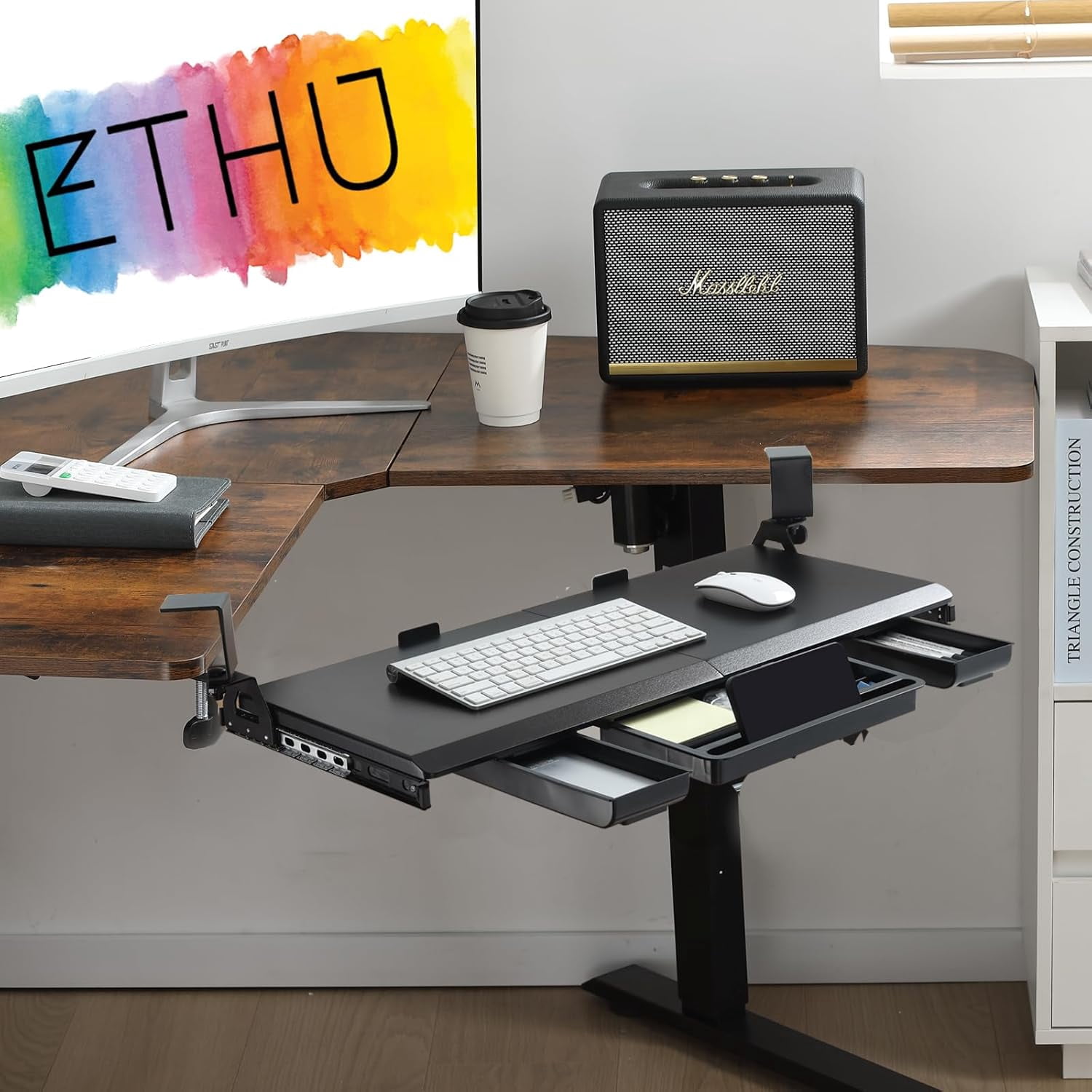 Ergonomic Corner Keyboard Tray Under Desk with 180 °   Adjustable C Clamp for L Shape Desk 26.77" X 12.2" Easy to Install Computer Keyboard Stand for Home and Office Black