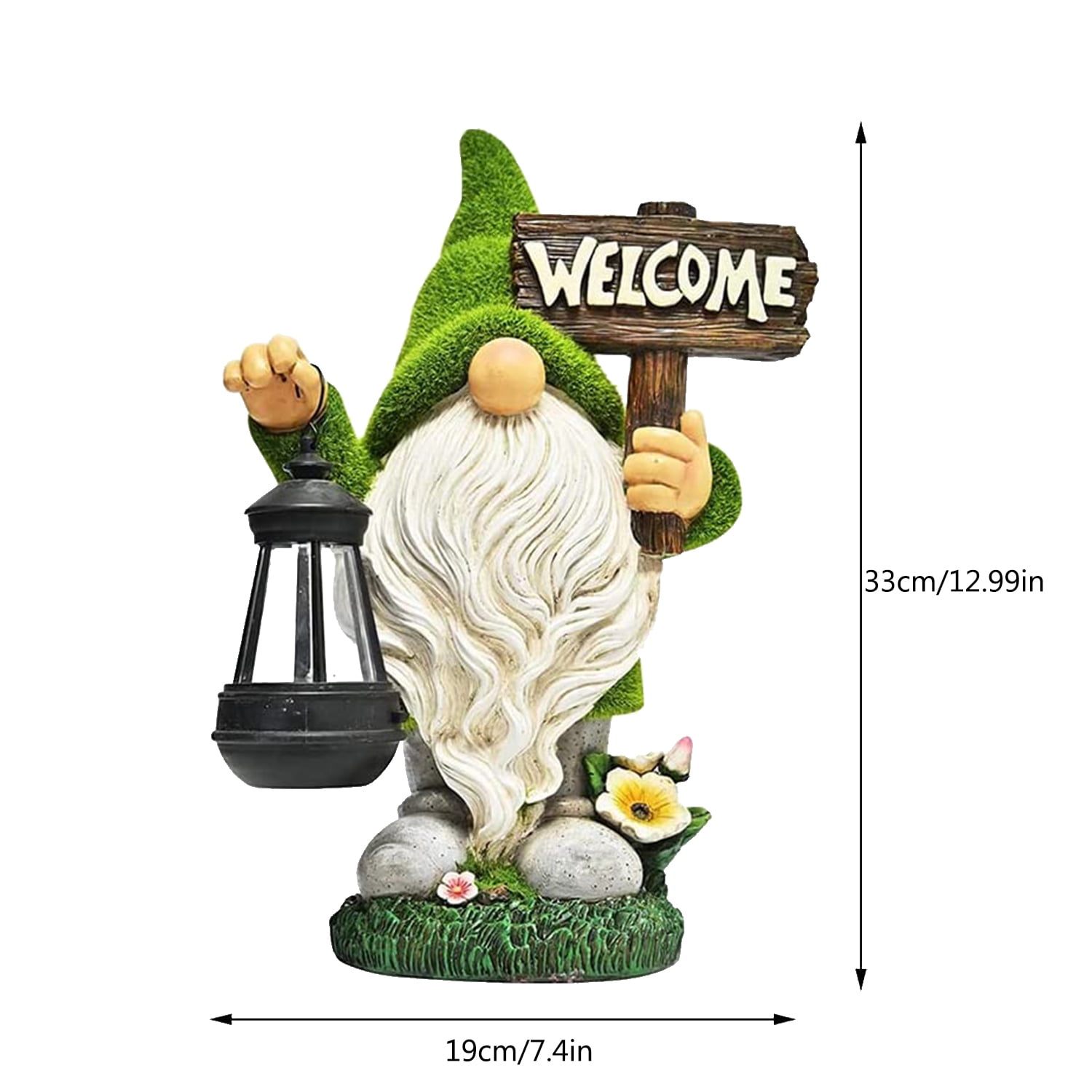 Garden Gnome Statue Outdoor Decor Large Flocked Resin Gnome Figurine with Solar Light Holding Lantern Welcome Sign Garden Yard Decorations Dwarf Sculpture for Outside Patio Porch Lawn Decor.
