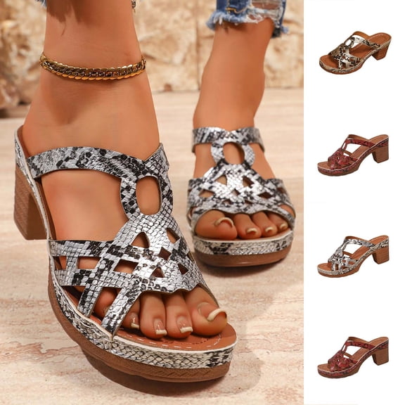 Women's Snakeskin Print Block Heel Sandals Peep Toe Chunky Heel Platform Mules for Women Casual Summer Beach Sandals Wide Width