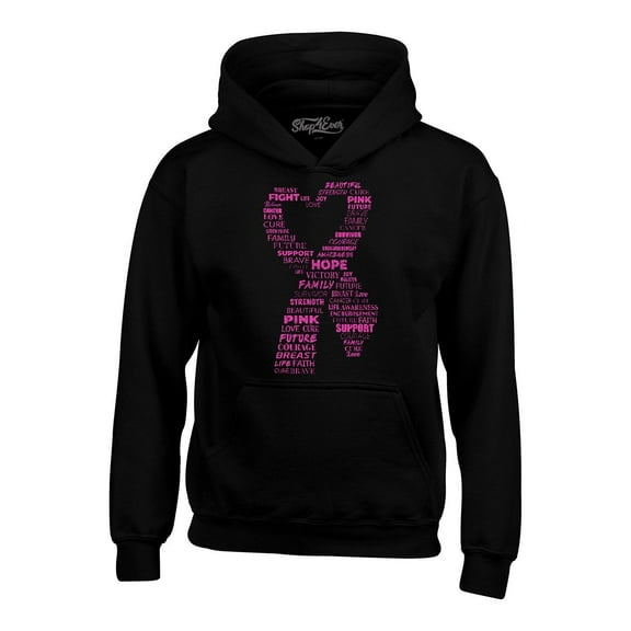 Shop4Ever Men's Pink Ribbon Heart Montage Word Cloud Breast Cancer Hooded Sweatshirt Hoodie XX-Large Black