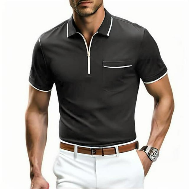 Long Sleeve Shirts for Men Streak Lapel Short Sleeve Fallow Color Contrast Pol Shirt, Cotton Polyester Blend
