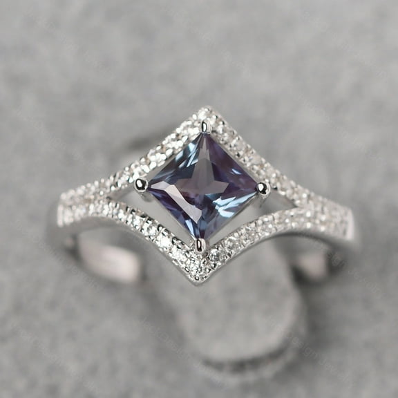 Color changing alexandrite proposal ring silver princess cut kite setting June birthstone ring