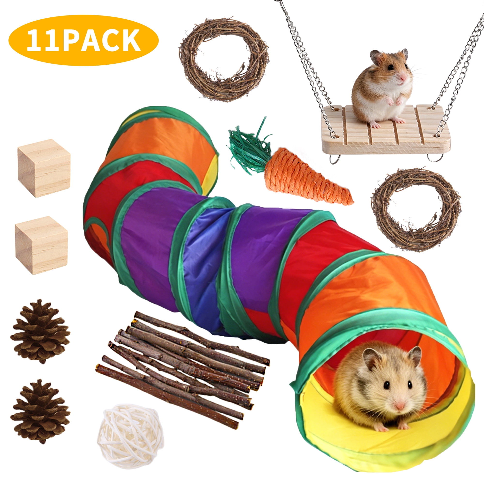 WLGJL 11 PCS Bunny Tunnels and Tubes with Chew Toys for Grinding Teeth , Guinea Pig Toys Small Animal Chewing Toy and Rat Cage Accessories, Gerbils, Chinchillas, Rats, Rabbit Rodents （S shape）